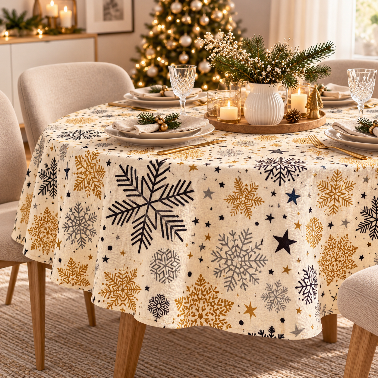 Tischdecke Rund Urban Home 140cm ( 0918 )Schneeflocken Creme/Gold – Bild 2