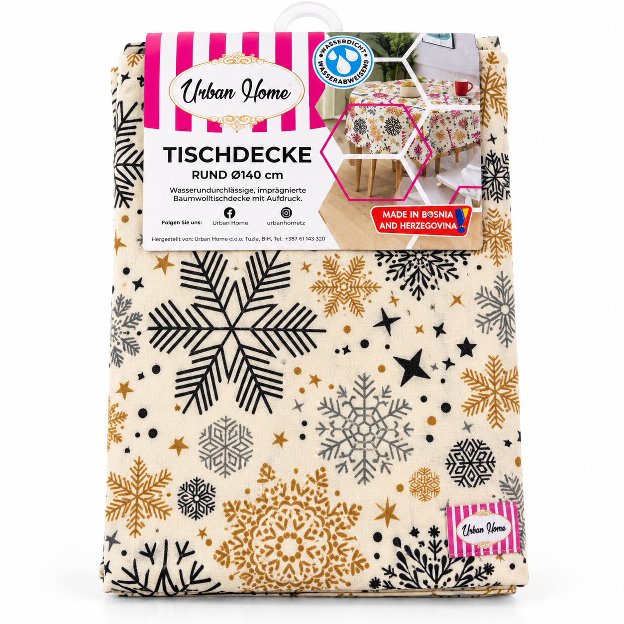Tischdecke Rund Urban Home 140cm ( 0918 )Schneeflocken Creme/Gold